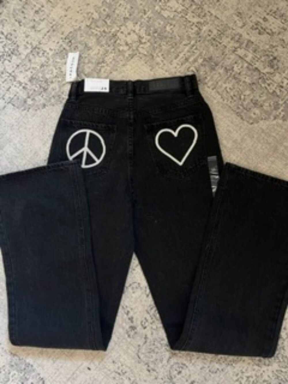 🧡3/$15  NWT PacSun Black Denim Jeans Peace Sign Heart High Rise Boot Cut 25
